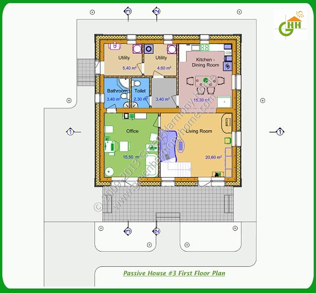 Green Passive Solar House #3 First Floor Plan, Passive Solar Home Plans