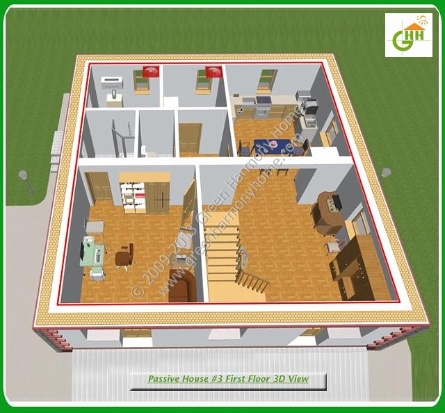 Green Passive Solar House #3 Section First Floor 3D View, Passive Solar Home Plans