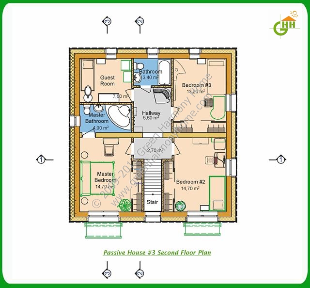Green Passive Solar House #3 Second Floor Plan, Passive Solar Home Plans